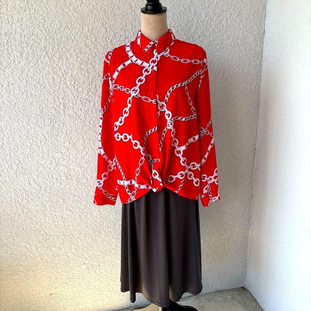 Susan Graver Red Stretch Woven Tie Front Shirt Size 12